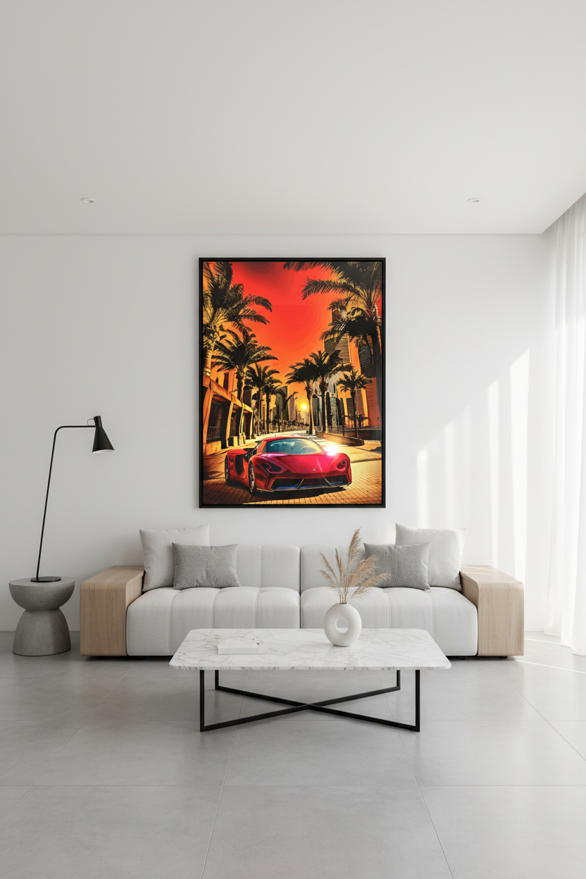 FerrariBeachZone – Acrylglasbild, glänzend mit Rahmen