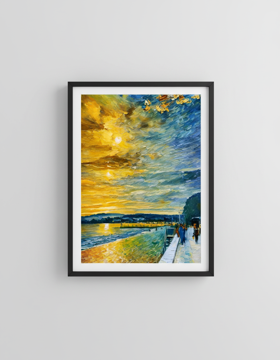 Sunset Promenade – Super Large Acrylglasbild, glänzend mit Rahmen