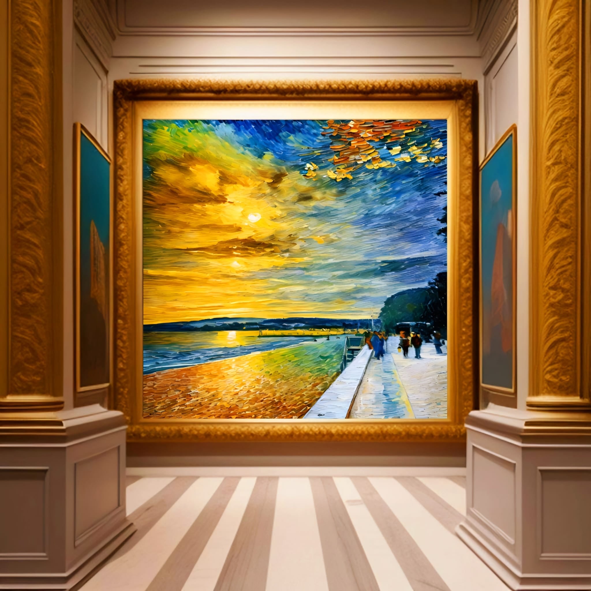 Sunset Promenade – Super Large Acrylglasbild, glänzend mit Rahmen