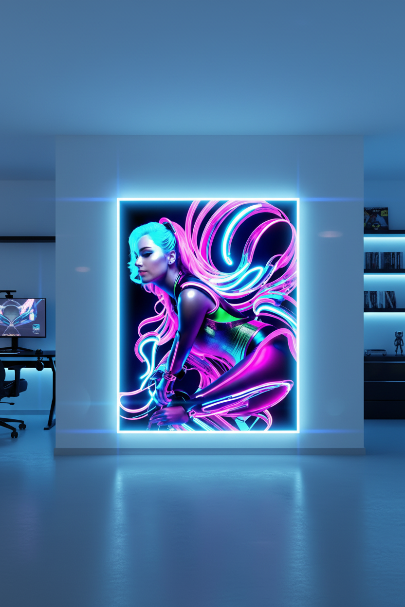 NeonDoggy – Super Large Acrylglasbild, glänzend mit Rahmen